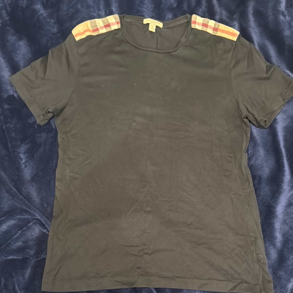 Burberry Black Tee with Plaid Shoulder Accents